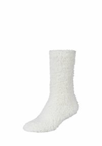 Weißer, flauschiger Socken aus weichem Material, mit einer Länge bis zur Mitte der Waden, strukturiertem Oberflächen und ohne sichtbare Muster oder Akzente.
