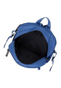 Blaue Stofftasche mit Reißverschlüssen, verfügt über ein schwarzes Innenfutter und abnehmbare Träger. Enthält ein Markenlabel im Inneren. Runde Form mit zwei Griffen.