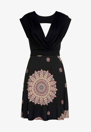 Black dress featuring cap sleeves, a deep V-neck, and a waistline. The skirt displays large, intricate floral patterns in cream and red tones.