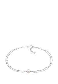 Silberne Kettenarmband mit mehreren Strängen, einer zentralen weißen Perle und kleinen runden Perlen für zusätzliche Details. Verstellbarer Verschluss.