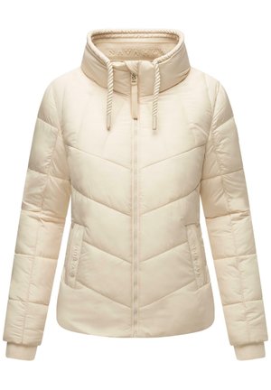 Beige pufferjack met een hoge kraag, ritssluiting, chevron-gequilte patroon en zijzakken. Voorzien van elastische manchetten en een logo-detail.
