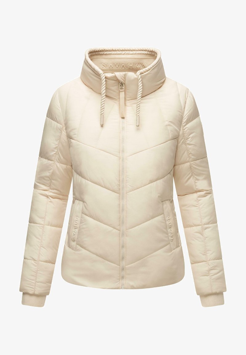 Beige puffer jacket with a high collar, zip closure, chevron quilted pattern, and side pockets. Features elasticized cuffs and logo detail.