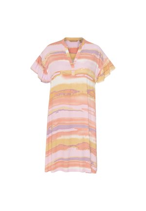 Lyhythihainen mekko pastellisävyissä, jossa on vaakasuorat raidat vaaleanpunaisena, oranssina ja keltaisena. V-pääntie rypytetyillä hihoilla. Pehmeää kangasta.
