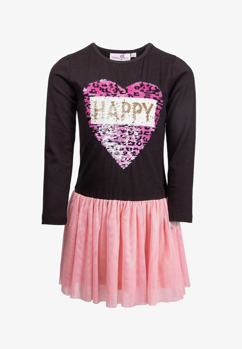 Černé šaty s dlouhým rukávem s růžovým flitrovým srdcem a nápisem "HAPPY", s růžovou tylovou sukní a nařaseným pasem.