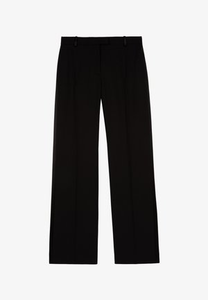 Pantalons noirs avec une coupe droite, fabriqués en tissu lisse, dotés d'une taille plate et de passants de ceinture pour attacher.