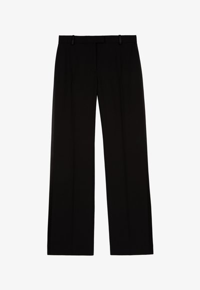 Pantalons noirs avec une coupe droite, fabriqués en tissu lisse, dotés d'une taille plate et de passants de ceinture pour attacher.