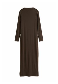 Langärmliges, dunkelbraunes Midikleid mit Rundhalsausschnitt, von hinten auf einem weißen Hintergrund gezeigt.