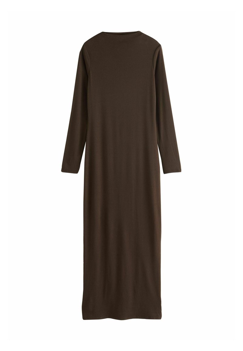 Langärmliges, dunkelbraunes Midikleid mit Rundhalsausschnitt, von hinten auf einem weißen Hintergrund gezeigt.