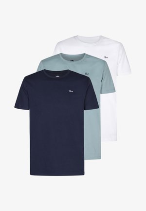 Drei Crew-Neck T-Shirts in Marineblau, Hellblau und Weiß. Hergestellt aus Baumwolle, mit kurzen Ärmeln und einem kleinen Logo auf der Brust jedes Shirts.