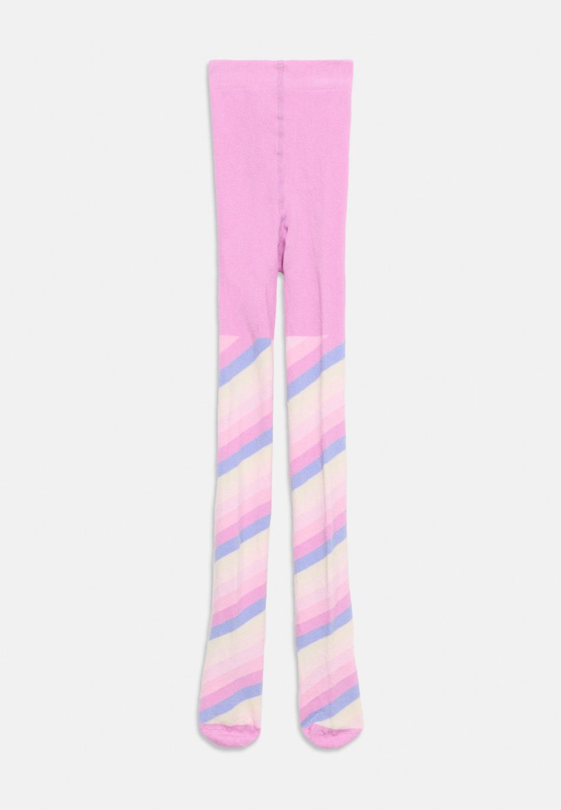 Ροζ παιδικά καλσόν με διαγώνιες ρίγες σε μπλε, ροζ και άσπρο στο κάτω μέρος των ποδιών, τοποθετημένα επίπεδα πάνω σε λευκό φόντο.