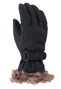 Gant isolé noir avec un poignet en fourrure, présentant un design matelassé, une sangle réglable au poignet et des détails cousus sur les doigts.