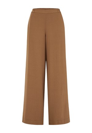 Pantalon large marron avec une taille élastique, coupe ample et longueur jusqu'aux chevilles, sur fond blanc uni.