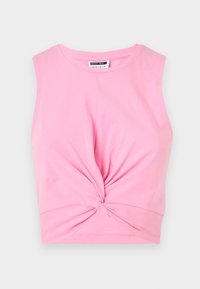 Růžový bezramínkový crop top z měkké tkaniny, s detailním zkrouceným předním dílem a přiléhavým designem pro těsný siluetu.