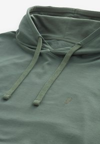 Zelená mikina s kapucí vyrobená z měkké tkaniny, s tkaničkami na kapuci, plochým švem a decentním logem vyšitým na hrudi.