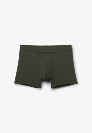 Mørkegrønne herreboxershorts med bred elastisk talje og tætsiddende benåbninger, vist fladt på hvid baggrund.