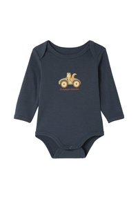 Marineblaues Langarm-Body aus weicher Baumwolle, das eine Grafik eines Eichhörnchens auf einem Spielzeugfahrzeug zeigt, mit Druckknöpfen unten.