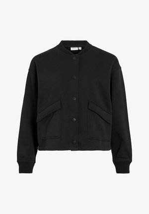 Schwarze Bomberjacke aus weichem Stoff, mit geripptem Kragen, Druckknöpfen und zwei Fronttaschen mit Klappenverschluss.