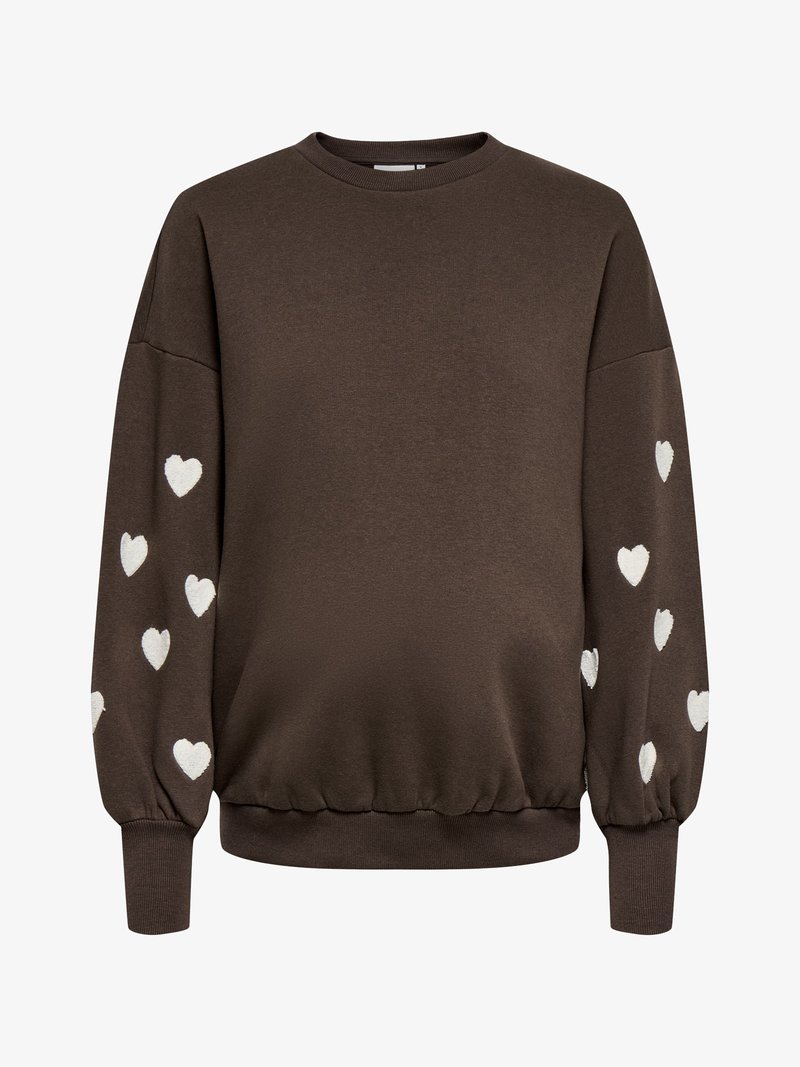 Sweat-shirt marron foncé à manches longues avec des motifs de cœurs blancs dispersés le long des deux manches, avec poignets et ourlet côtelés.