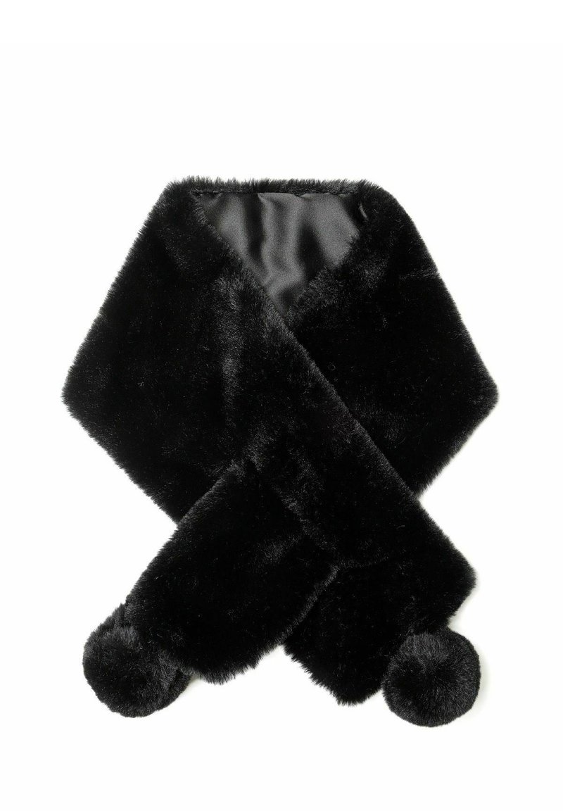 Crni šal od umjetnog krzna s mekanom teksturom, dijamantnim oblikom i zaobljenim pom-pom detaljima na svakom kraju. Obložen glatkom tkaninom.