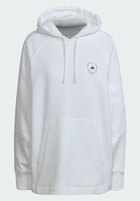 Vit hoodie av mjukt tyg, med huva, framficka och en rund logotyp på bröstet. Designen inkluderar raglanärmar och ribbad mudd.