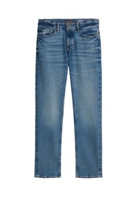 Jeans in denim blu con taglio dritto, cinque tasche e leggera sbiaditura sul davanti. L'etichetta riporta "Marc O'Polo."