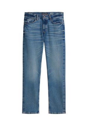 Blauwe denim jeans met een rechte pijp, vijf zakken en subtiele vervaging aan de voorkant. Label leest "Marc O'Polo."