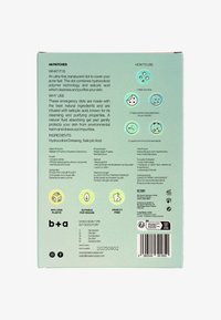 Emballage vert pâle avec informations sur le produit ; comprend des graphiques pour les instructions d'utilisation, des icônes écologiques et un code-barres. Contient 48 patchs translucides.