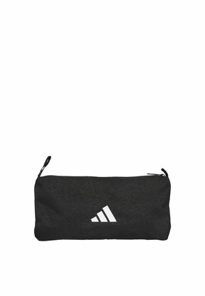 Pochette rectangulaire noire avec fermeture éclair, logo Adidas blanc centré sur le devant et petites poignées en tissu de chaque côté.