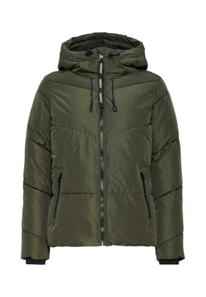 Olive green puffer jacket with a hood, featuring a vertical zipper, two side pockets, and a quilted design with horizontal lines.