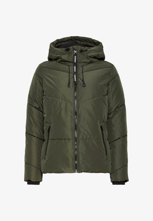Olive green puffer jacket with a hood, featuring a vertical zipper, two side pockets, and a quilted design with horizontal lines.