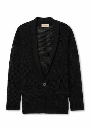 Black mesh blazer with a shawl collar, single button closure, and two front pockets. Features a textured, breathable design.