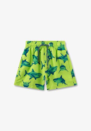 Hellgrüne Badeshorts mit elastischem Bund und Kordelzug, verziert mit dunkelblauen Hai-Illustrationen auf dem gesamten Stoff.