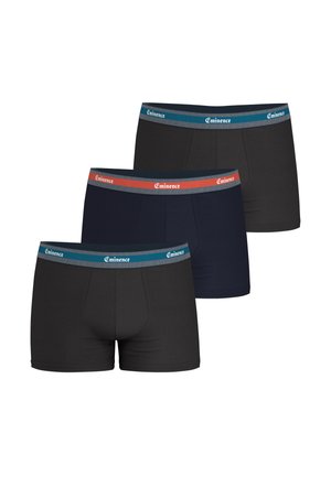 Trois paires de boxer en noir, bleu marine et gris, avec des ceintures élastiques contrastées portant le logo "Eminence" et un motif en chevrons.