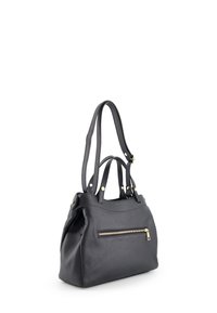 Sac à main en cuir noir à la forme structurée, doté de deux poignées supérieures et d'une poche zippée à l'avant. Surface texturée et accents en métal doré.