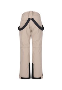 Beige vandtætte bukser med sort kant, justerbare stropper og en løs pasform, der har en glat overflade og et minimalistisk design.