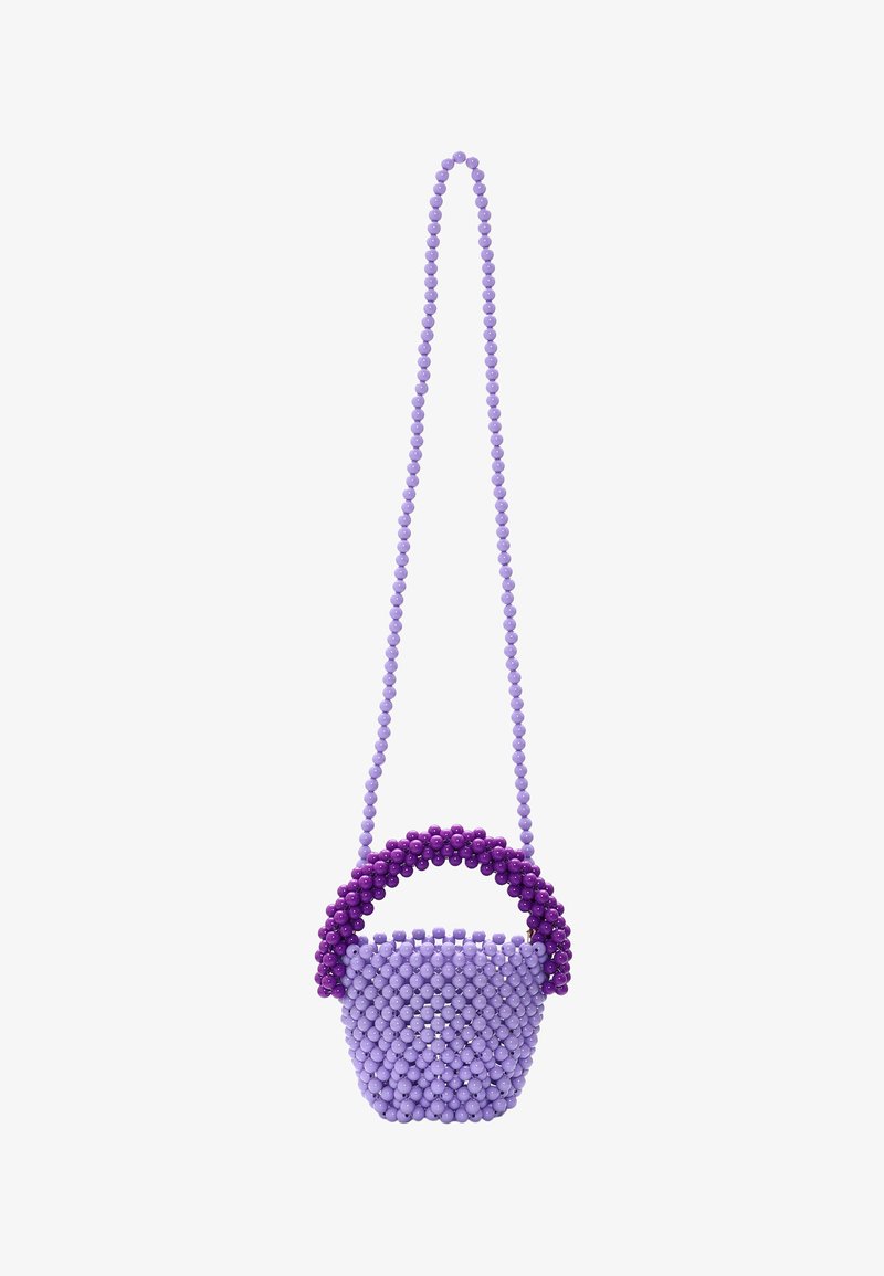 Paars kralenhandtas met een ronde handgreep, voorzien van verschillende tinten paarse kralen, een gestructureerd oppervlak en een lange schouderband.