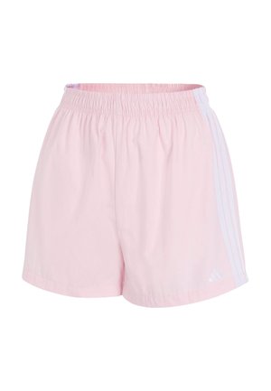 Hellrosa Sportshorts mit elastischem Bund und weißen drei Streifen an den Seiten, mit kleinem Adidas-Logo nahe dem Saum.