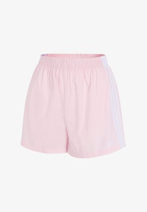 Hellrosa Sportshorts mit elastischem Bund und weißen drei Streifen an den Seiten, mit kleinem Adidas-Logo nahe dem Saum.