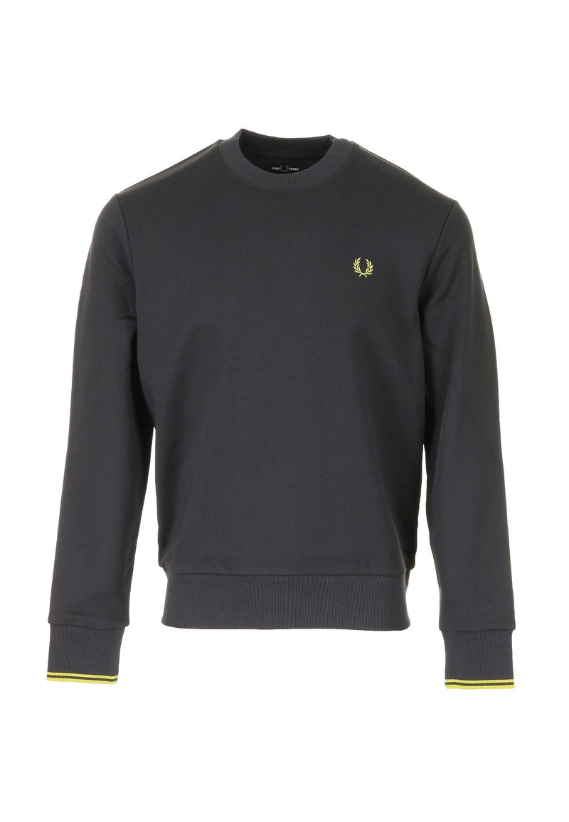 Felpa grigio scuro in misto cotone, con scollo rotondo, polsini a costine con dettagli gialli e un piccolo logo verde sul petto.