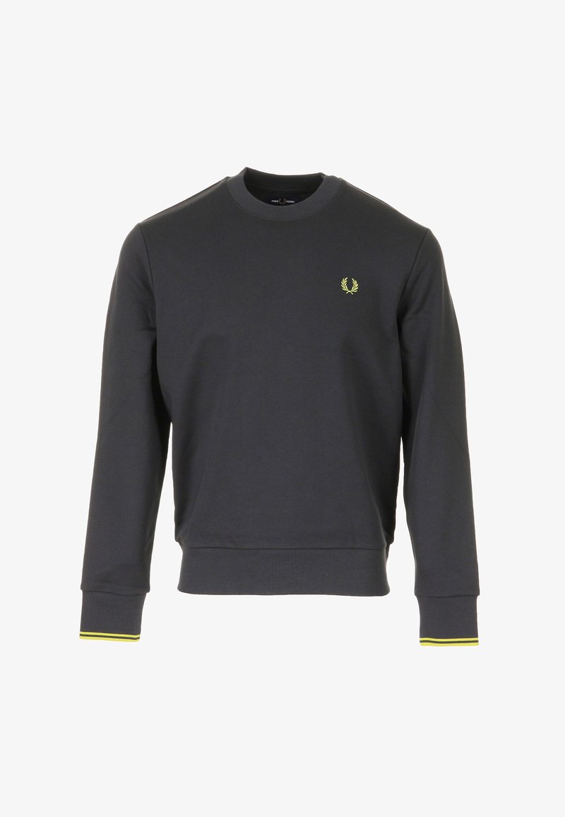 Donkergrijze sweatshirt van katoenmix, met een ronde hals, geribbelde manchetten met gele accenten en een klein groen logo op de borst.