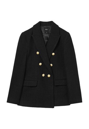 Blazer doppiopetto nero realizzato in tessuto testurizzato, con dettagli in bottoni dorati, rever a punta e due tasche anteriori.