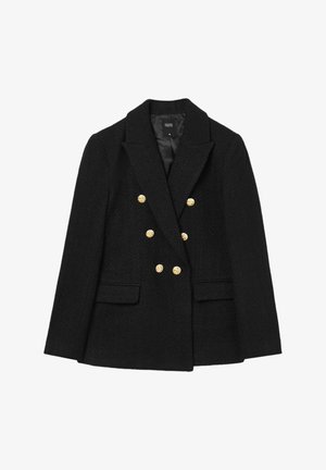 Blazer noir à double boutonnage en tissu texturé, avec des accents de boutons dorés, des revers crantés et deux poches avant.