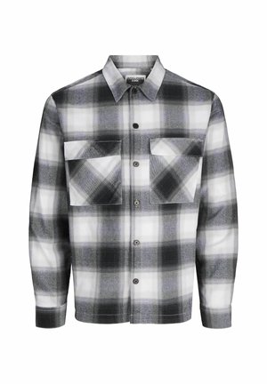 Hallide ja valge ruuduline flanellshirt pikkade varrukatega, nööbiga esiosa, kaks rinna taskut ja laia kraega. Pehme kangast tekstuur.