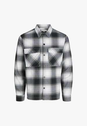 Pelēka un balta plānotā flaneles krekls ar garām piedurknēm, pogu priekšpusi, diviem krūšu kabatām un izkliedētu apkakli. Mīkstas auduma tekstūras.