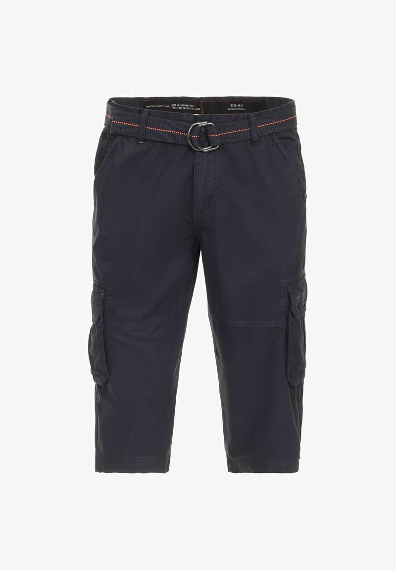 Navy cargo shorts with a fabric belt, multiple side pockets, and a relaxed fit. The material is lightweight and durable, suitable for casual wear.