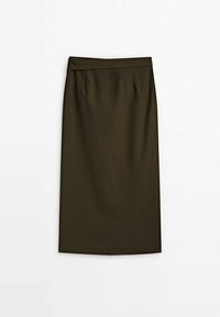 Jupe droite longueur genou vert olive foncé avec une ceinture et des plis subtils à l'avant, présentée sur un fond blanc uni.