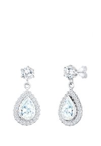 Boucles d'oreilles pendantes avec une pierre transparente en forme de goutte, entourée de petites pierres transparentes, montées en métal argenté. Présentent une fermeture à tige.