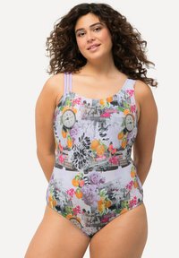 Maillot de bain une pièce avec un imprimé floral et graphique coloré, doté de bretelles lavande réglables et d'une texture douce.