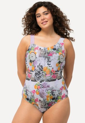 Eén stuk badpak met een kleurrijke bloemen- en grafische print, voorzien van verstelbare lavendelkleurige bandjes en een zachte textuur.