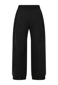 Zwarte windjack broek met een elastische tailleband, cinched manchetten en een soepele, lichtgewicht stof. Heeft een rechte, ontspannen pasvorm.